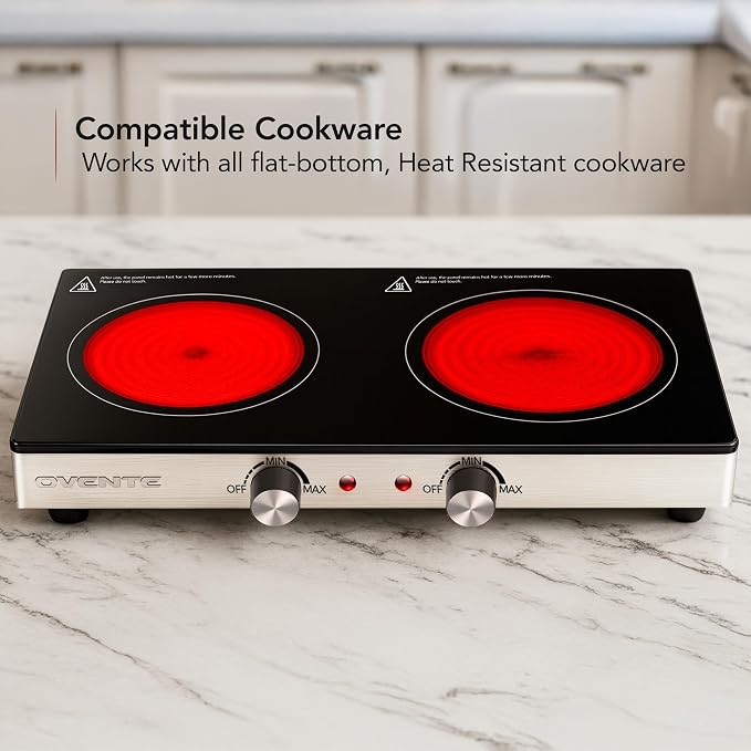 OVENTE Infrared Ceramic Double Burner, 1800W Electric Countertop Hot Plate with Black Crystalline Glass, Portable Stainless Steel Cooktop for Home, Office, or Dorm Use, Black BGI302GB