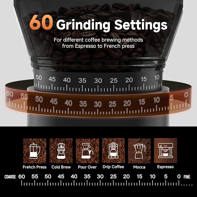 AAOBOSI Burr Coffee Grinder with 60 Grind Settings, Rechargeable with Anti-Static, 5-98s Digital Timer & Touchscreen, Portable for Espresso, Pour Over, French Press, Travel & Camping.