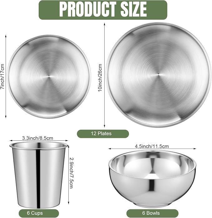 Jinei 24 Pcs 304 Stainless Steel Dinner Set Include 12 Pcs 7 Inch 10 Inch Stainless Steel Plates, 6 Pieces Bowls and 6 Pieces Cups, Reusable Metal Utensils Dinnerware for Home Outdoor Picnic Kitchen