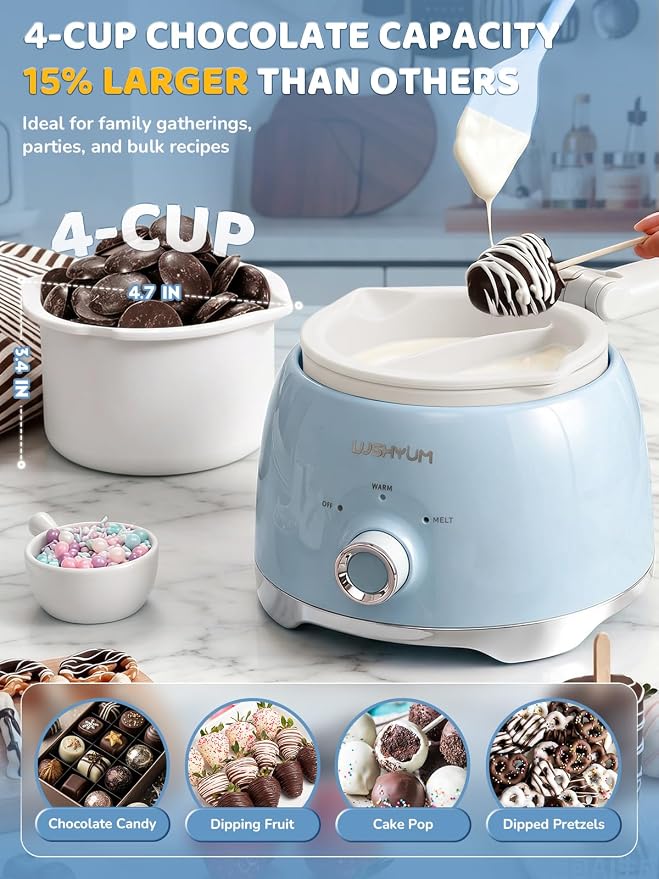 LUSHYUM Electric Chocolate Melting Pot with 2 Insert Pots, 4-Cup Chocolate | Even Heating & Fast Melting, BPA-Free Silicone, Easy Clean, Less Waste, Ideal for Chocolate & Candy Melts, Parties, Fondue