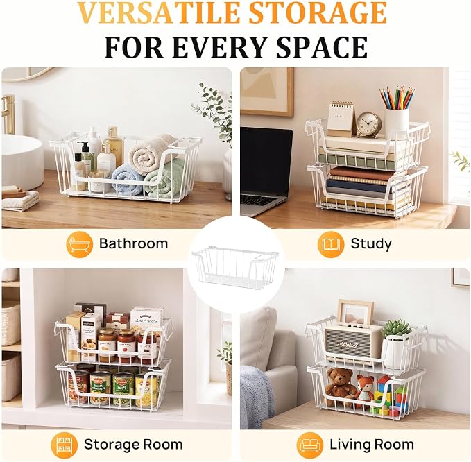 SUNALLY Stackable Storage Bins 6 Pcs Wire Baskets for Pantry Organizers and Storage, Vegetable Fruit Storage Basket for Countertop Organizer,Kitchen Storage Baskets for Onion Potato Snack,White