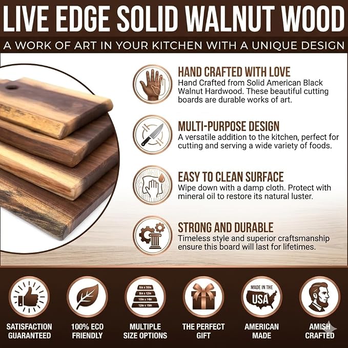 Live Edge Black Walnut Cutting Board – Amish Handmade in USA, One-of-a-Kind Charcuterie & Serving Board, Sustainably Harvested American Hardwood, 8"x12"| ArborDown