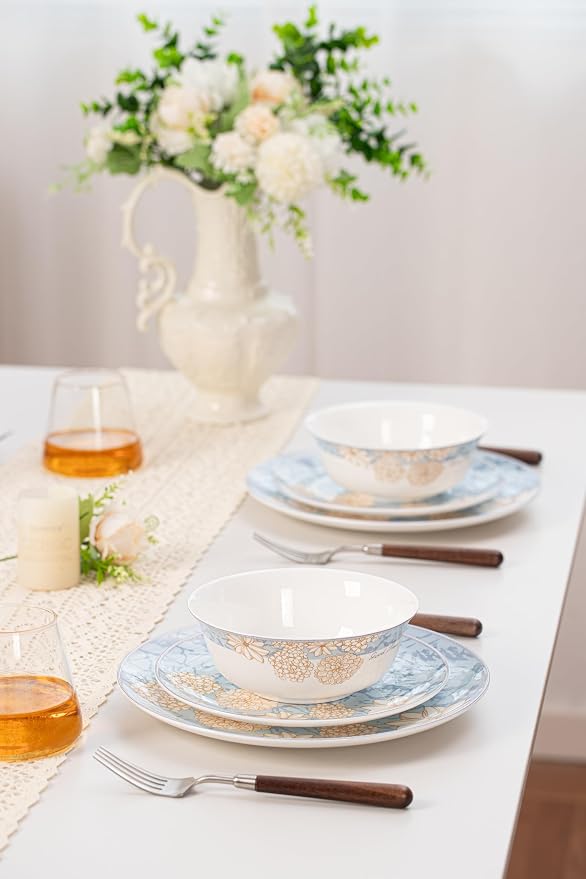 FHGNYSM High Bone China Dinnerware Set, 12-Piece Artistic Blue Plates and Bowls, Lightweight & Chip Resistant Ceramic Service for 4, Dishwasher Safe Elegant Kitchen Dining