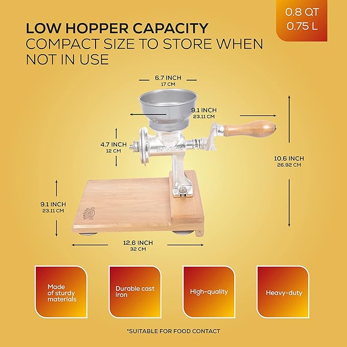 Corona Cast Iron Grain Mill with Wooden Table, Manual Grinder with Table For Corn, Rice, Lentils, Chickpeas, Cast Iron Grinder For Domestic Use