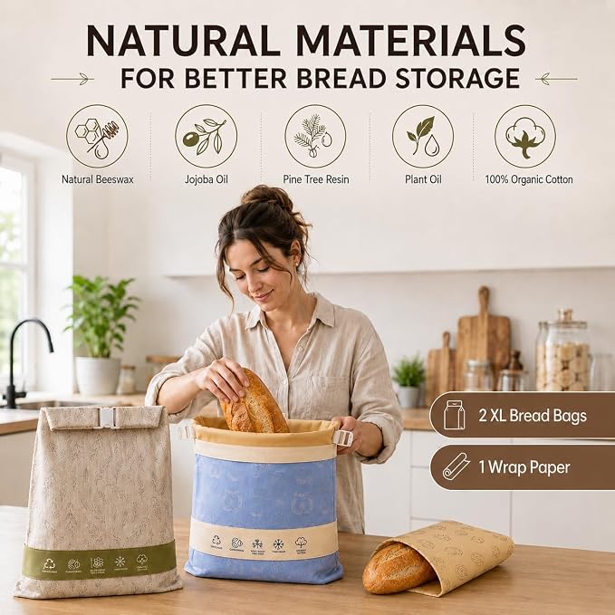Cotton Beeswax Bread Bags for Sourdough - 3 Pack Reusable 2XL Set with Beeswax Wrap & Buckle Closure, Freezer Safe, Eco-Friendly Organic Storage for Homemade Artisan Loaves