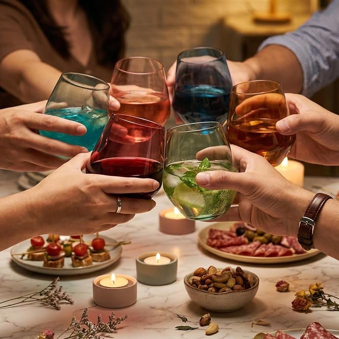 Beautiful Colored Wine Glasses | Set of 6 | Crystal, Large 16oz - Stemless Goblet Drinking Cups, Luxury Multi Color Glassware Gift Set - Her, Wife, Mom Friend - Colorful Drinkware Water, Wine Cocktail
