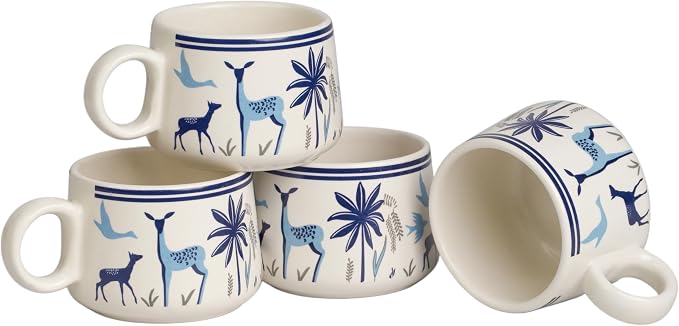 Servo Best Handmade Cermaic Tea Cup Set of 4-5 Oz Small Cups for Espresso, Cappuccino, Tea, Chai – Dishwasher & Microwave Safe – Gift Set for Coffee Lovers, Kitchen, Home, Office - Blue Jungle