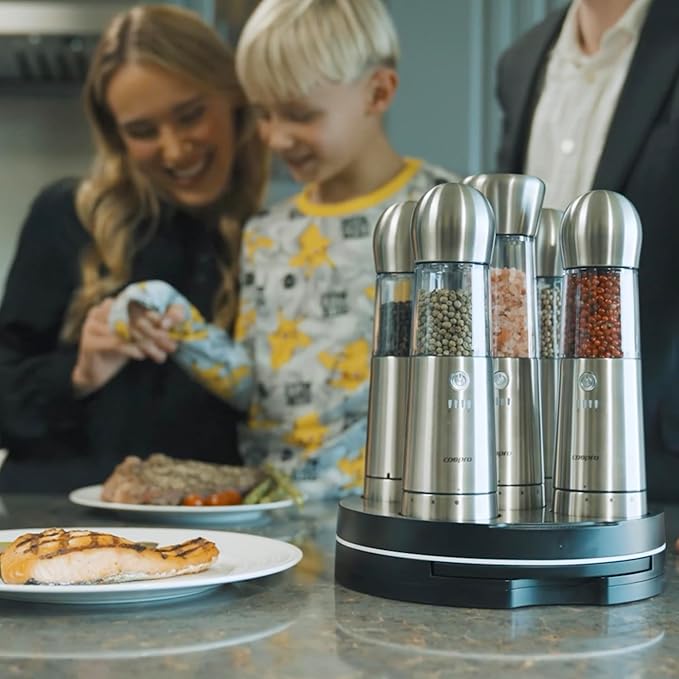 COSPRO Electric Salt & Pepper Grinder Set of 5 | Wireless Charging | Rechargeable | Stainless Steel | One-Hand Use | Adjustable Coarseness | Easy Clean | Himalayan Salt & Spices
