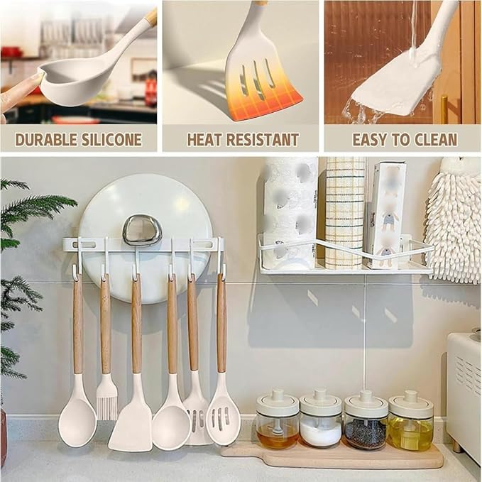 Kitchen Utensil Set with Holder, 19-Piece Silicone Cooking Tools, Wooden Handles, Available in White, Grey, Pink,Black (White)