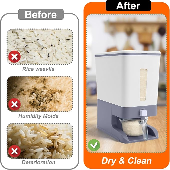 Mity rain Rice Dispenser 20 Lbs with Moisture Absorbing Clay, Rice Storage Container with Measuring Cup, 12 L Cereal Containers Storage Airtight for Kitchen Pantry Organization Gray