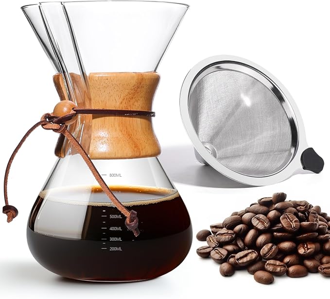 Pour Over Coffee Maker 27 OZ, 8 Cup Borosilicate Glass Drip Coffee Maker with Reusable Stainless Steel Filter and Cork Grip for Home Café 800 ML