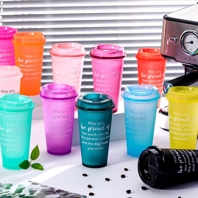 Skylety 48 Pcs Appreciation Tumblers Gifts Bulk 16 oz Thank You Teacher Employee Plastic Coffee Cups with Lids Colorful Reusable Inspirational Tumblers for Coworker Staff Christmas