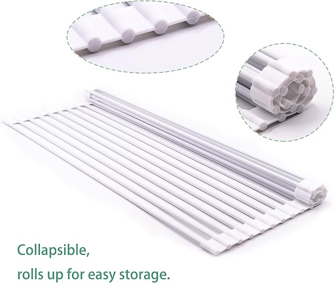 Bigdata&BetterLife Multi Purpose Roll Up Dish Drying Rack White Dish Drying Mat with Rack for Kitchen,Heavy Duty Foldable Silicone-Coated Stainless Steel Sink Dry Rack (White,20.5" x 13.1")