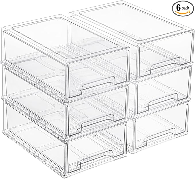 6 Pack Stackable Storage Drawers, Plastic Clear Organizer Bins with Handles for Undersink, Kitchen Cabinet, Fridge, Closet, Pantry, Office, Bathroom