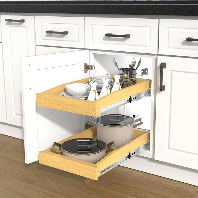 2 Tier Pull Out Cabinet Organizer, 11"W x 21"D Solid Wood Heavy-Duty Base Bottom Assembly Slide out Drawer Shel Cabinet Organization for Kitchen, Pantry, Bathroom