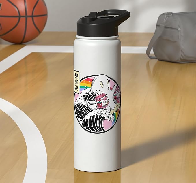 Surfing Ghost With Strawberry Milk Cartons Kawaii Vaporwave Stainless Steel Insulated Water Bottle