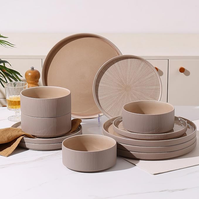 Dinnerware Sets, Ceramic Plates and Bowls Set 12 Piece Dinnerware for 4 Chip Resistant Stoneware, Dishwasher and Microwave Safe-Warm brown