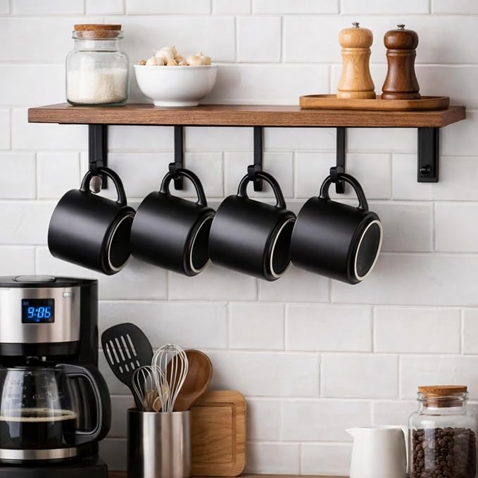 GBhome 14 OZ Coffee Mugs Set of 6, Stackable Ceramic Mugs for Men, Women, Modern Coffee Cups With Stable Base for Latte, Tea, Cappuccino. Dishwasher & Microwave Safe, Matte Black