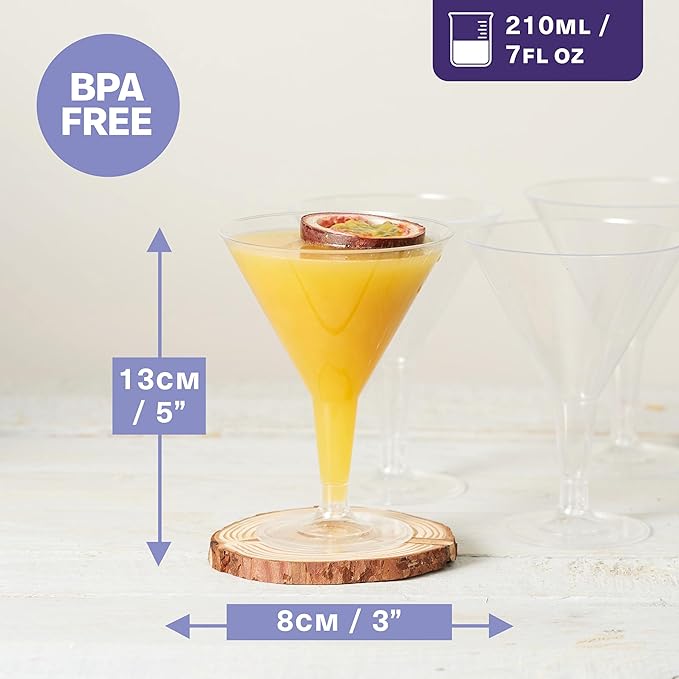 MATANA 24 Premium Plastic Martini Cocktail Glasses, 7 Oz - Elegant, Sturdy & Reusable - Manhattan, Margarita, Cosmopolitan, Desserts - Weddings, Birthdays, Christmas, Garden Parties