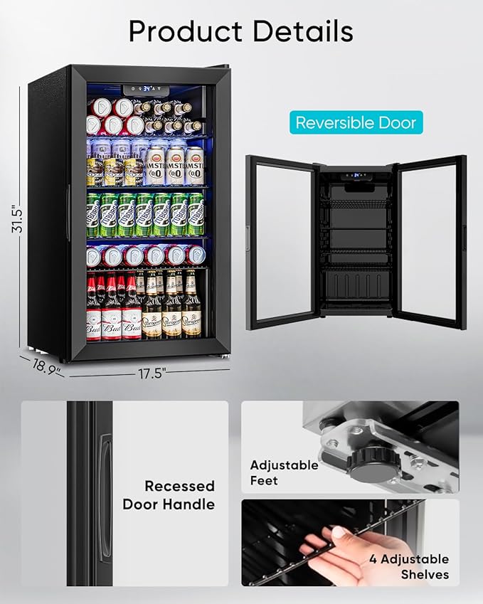 Feelfunn Beverage Refrigerator and Cooler - 126 Can Mini Fridge Glass Door for Soda Beer Wine - Freestanding Beverage Fridge for Bedroom Office Bar, 4 Adjustable Shelves, 3.2 Cu.Ft, Black