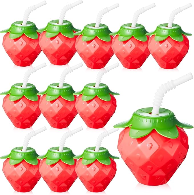 Havawish 12 Pcs 17oz Strawberry Shaped Cups with Lids and Straws, Reusable Spill Resistant Plastic Cute Drinking Cups Strawberry Water Bottles for Birthday Party Summer Gathering Girl Women Daily Use