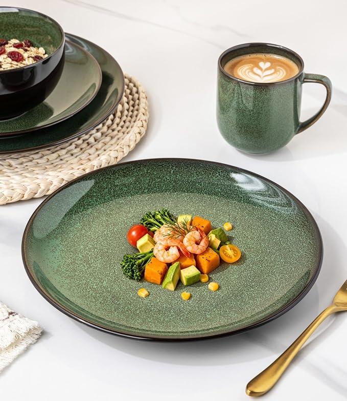 LERATIO Ceramic Dinnerware Sets for 4,16-Piece Reactive Glaze Plates and Bowls Set with Mugs,Highly Chip and Crack Resistant | Dishwasher,Microwave & Oven Safe Dishes set-Green