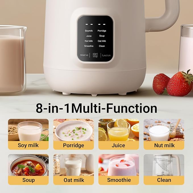 Bear 8 in 1 Nut Milk Maker Machine, 40oz/1.2L Soy Milk Maker with Self Clean/12H Delay/6H Keep Warm, One Touch Almond Milk Maker for Homemade Oat, Soup, Juice, Plant Based and Non Dairy Beverages