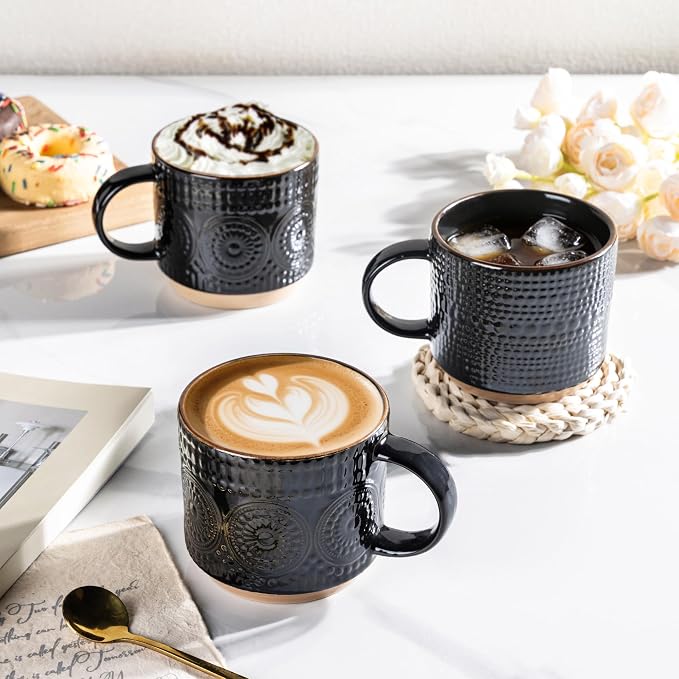 GBhome 12OZ Stackable Coffee Mugs, Ceramic Coffee Mugs with Texture Patterns for Man,Woman,Dad,Mom, Modern Coffee Mugs Set of 4 for Latte/Cappuccino/Cocoa. Dishwasher&Microwave Safe