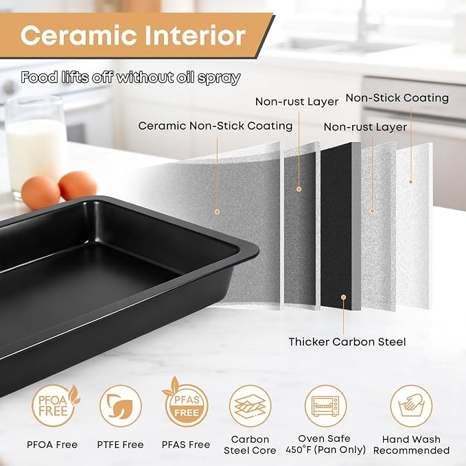 Black Sheet Cake Pan with Lid, 2-Pack 15"×10"×2" Deep Jelly Roll Pan, Nonstick Ceramic Coating, PFOA & PTFE Free, Oven Safe 450°F, for Texas Sheet Cake, Brownies, Potluck
