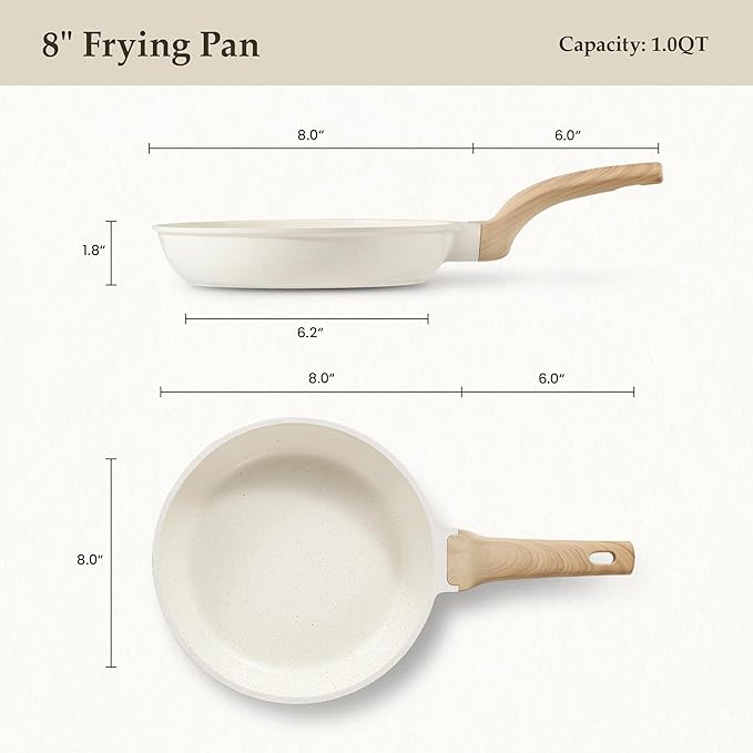 CAROTE Non Stick Frying Pan Skillet, Omelet Pan, Healthy Non Toxic Granite Chef Pan, Induction Compatible Egg Frying Pan with Heat-Resistant Handle, PFOA-Free,Cream White, 8"