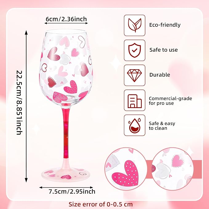 SiliFine 4 Pcs Valentine's Day Party Stemmed Wine Glasses Hand Painted Drinking Cup Wine Glasses for Birthday Theme Holiday Party Supply