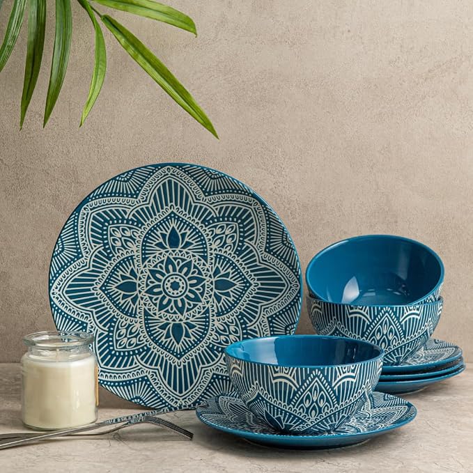 Bzyoo 12-Piece Ceramic Dinnerware Set: La La Mandala Blue Dish Set Design for Every Occasion - Microwave & Dishwasher Safe Stackable Plates Bowls