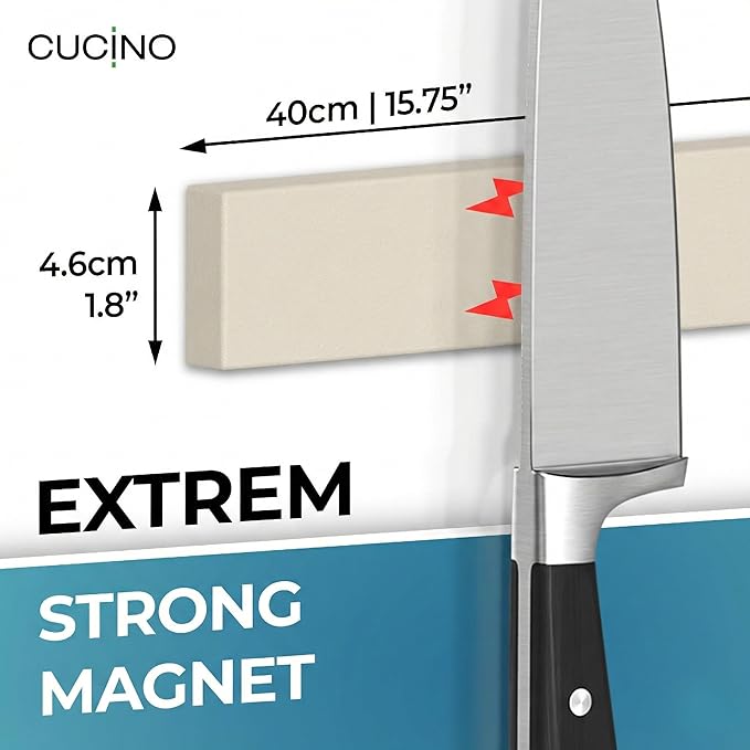 CUCINO Magnetic Knife Holder for wall, 16" no drilling required, includes self-adhesive tape, extra strong for holding knives – Awarded magnet strip – Beige Rubber