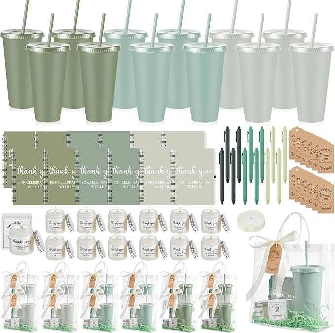 Nuogo 12 Sets New Parent Shower Prizes for Player Winners Adult, Wedding Bridal Shower Gift, Plastic Tumbler Notebook Scented Candle Ballpoint Pen Bag (Gradient Green,Classic Style)