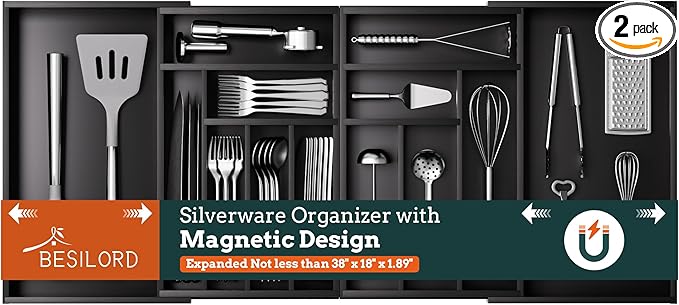 Silverware Organizer Large, Magnetic Connected Expandable 13 Slots Silverware Drawer Organizer From 21 to 37.4 Inches, Adjustable Flatware and Cutlery Holder, Bamboo Utensil Tray for Kitchen Black