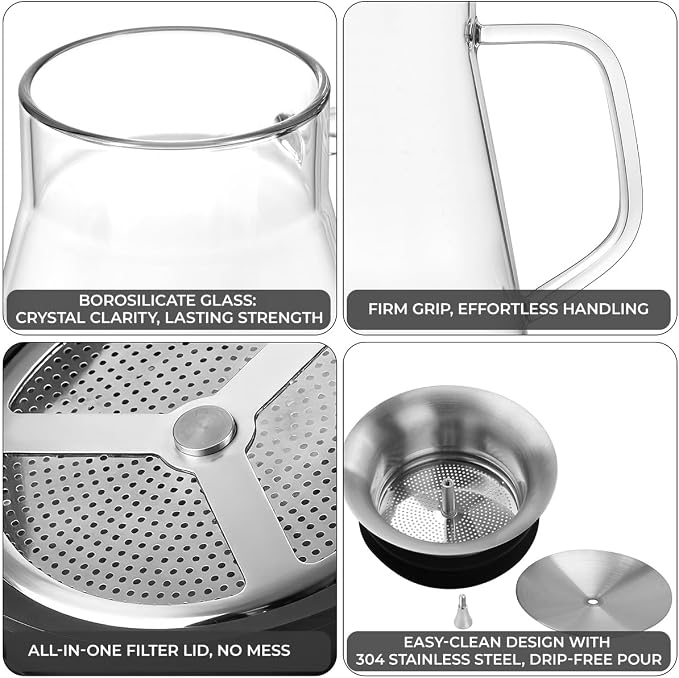 Aquach 27oz Glass Teapot with Filter Lid, Personal Stovetop Tea Pot | Dishwasher Safe, Borosilicate Glass, Plastic-free, Personal 1-2 Cup Use, 6in Height Fridge Safe, One-step Filter Lid
