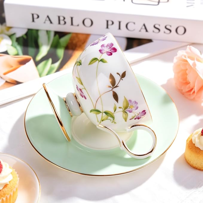KAMMAK Ceramic Coffee Cups Saucers Set of 2, Porcelain Espresso Cup with Saucer, 8.45 oz Handmade Elegant Bone China Tea Cups, Ceramic Floral Pattern Demitasse Cup for Latte, Americano, Cappuccino