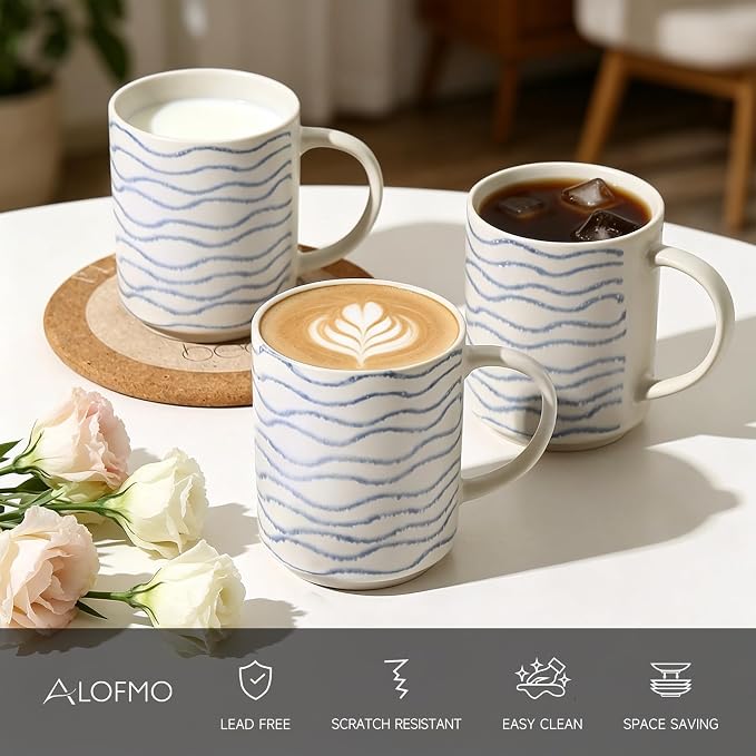 Coffee Mugs Set of 6, 17oz Ceramic Mugs with Handpainted Blue Gray Stripe Pattern, Modern Stackable Coffee Cups, Dishwasher and Microwave Safe Mugs for Home & Office (Wavy Pattern)