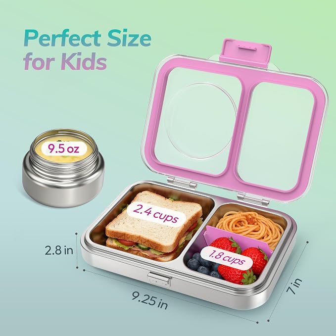 HOMEKOL Stainless Steel Bento Lunch Box + 9.5oz Insulated Food Jar, Purple | 2-Compartment Leak-Proof Container for Kids & Adults, BPA/BPS-Free, 18/8 Metal, Dishwasher Safe, Clear Tritan Lid