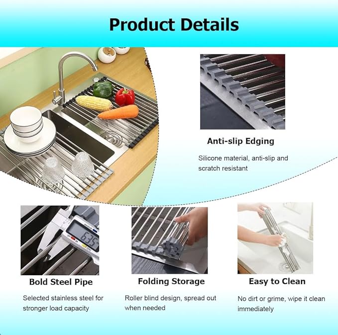Roll Up Dish Drying, 37-47CM Stainless Steel Over The Sink Dish Drying Rack with Silicone Wrapped Anti-Slip Foldable Multipurpose Dish Drainers for Kitchen Sink(Black,43x30cm/16.9x11.8in)