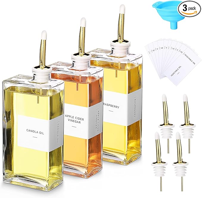 Reallnaive 3 Sets Olive Oil Dispenser Bottles for Kitchen with Nozzles Funnel Labels Cooking Oil Dispenser 500ml Set for Kitchen Vinegar Coffee Syrup (Gold)