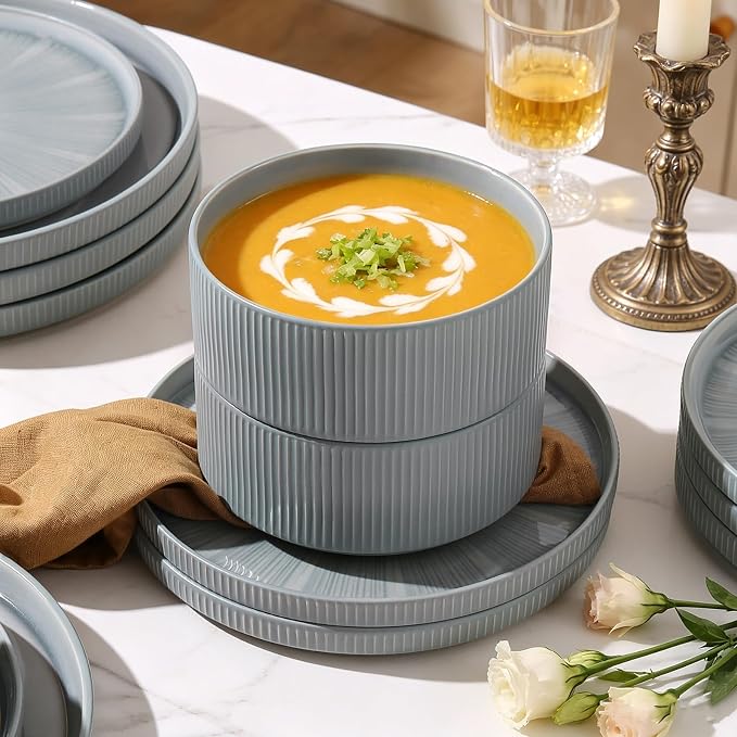 Dinnerware Sets, Ceramic Plates and Bowls Set 12 Piece Dinnerware for 4 Chip Resistant Stoneware with Advanced Inkjet Printing Technology, Dishwasher and Microwave Safe-Smoky Blue