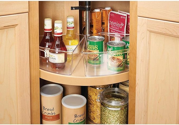 Oubonun Lazy Susan Organizers Set of 8, 12.8’’ x 11.7’’ x 4’’ Plastic Transparent Kitchen Cabinet Storage Bins with Handle, 4" Deep Container, 1/8 Wedge - Food Safe, without BPA
