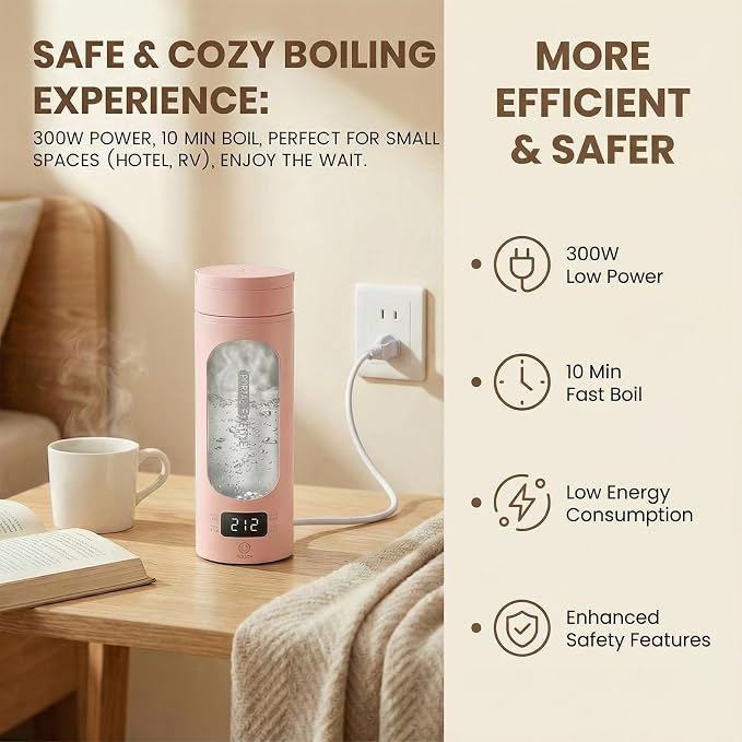 Pink Portable Electric Kettle forTravel, Small Hot Water Kettle with NTC Temperature Control and Auto Shut-Off, 316 Stainless Steel, Green 120V & 15oz