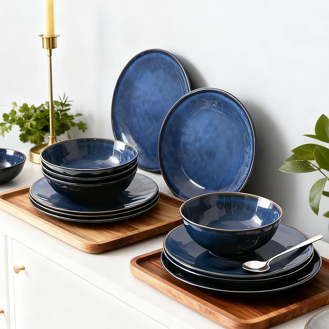 Rustic Farmhouse 12 Piece Melamine Dinnerware Sets - Service for 4, Lightweight with 11" Platesx4,9"Salad Pates x4 and 8"Bowlsx4, for Indoor and Outdoor Use, Unbreakable Kitchen Dinnerware, Blue