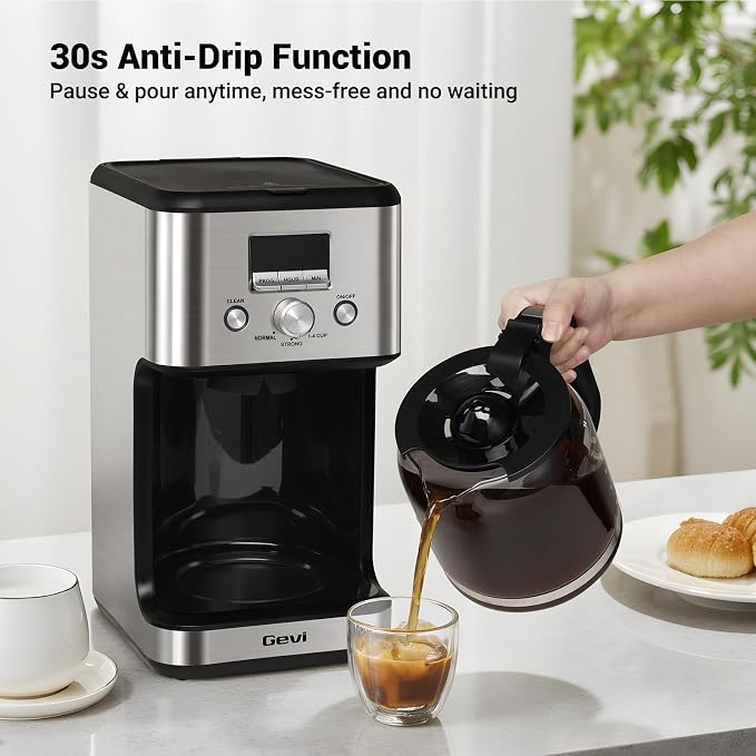 Gevi 14-Cup Programmable Coffee Maker, Drip Coffee Machine with Normal & Strong Brew for Home and Office, Glass Carafe, 2-Hour Keep Warm, Pause & Serve, Auto Shut Off, Silver
