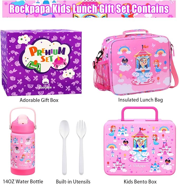 rockpapa Kids Lunch Box Set with 14oz Insulated Water Bottle & Lunch Bag, Leakproof 5.5 Cups Bento Box for School & Children, BPA-Free, Microwave Safe for Boys Girls (Pink Fairies)