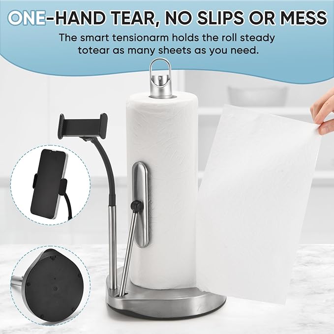 Paper Towel Holder with Spray Bottle (with Phone Holder) for Kitchen Decor and Accessories - Paper Towel Holder Countertop for Home Necessities - Kitchen Phone Holder - Kitchen Phone Stand