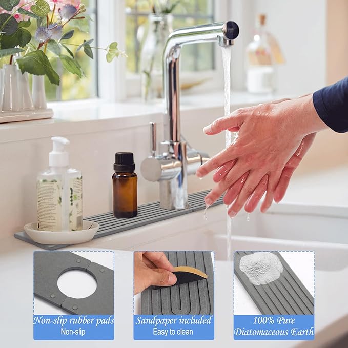 Stone Faucet Mat for Kitchen Sink- 15.6''x 3.9''Diatomite Fast-Drying Faucet Mat, Super Water Absorbing Stone Tray for Sink,Faucet Splash Guard for Bathroom Counter (Dark Gray)
