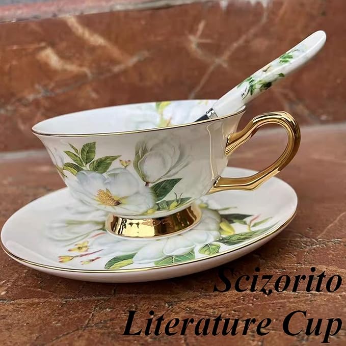 Honorable Coffee Cup Mug, Cappuccino, Tea Cup, with Saucer for Latte, Fine Bone Porcelain, Reactive Glaze, 6.8 Oz-1pcs (Pure White Camellia)